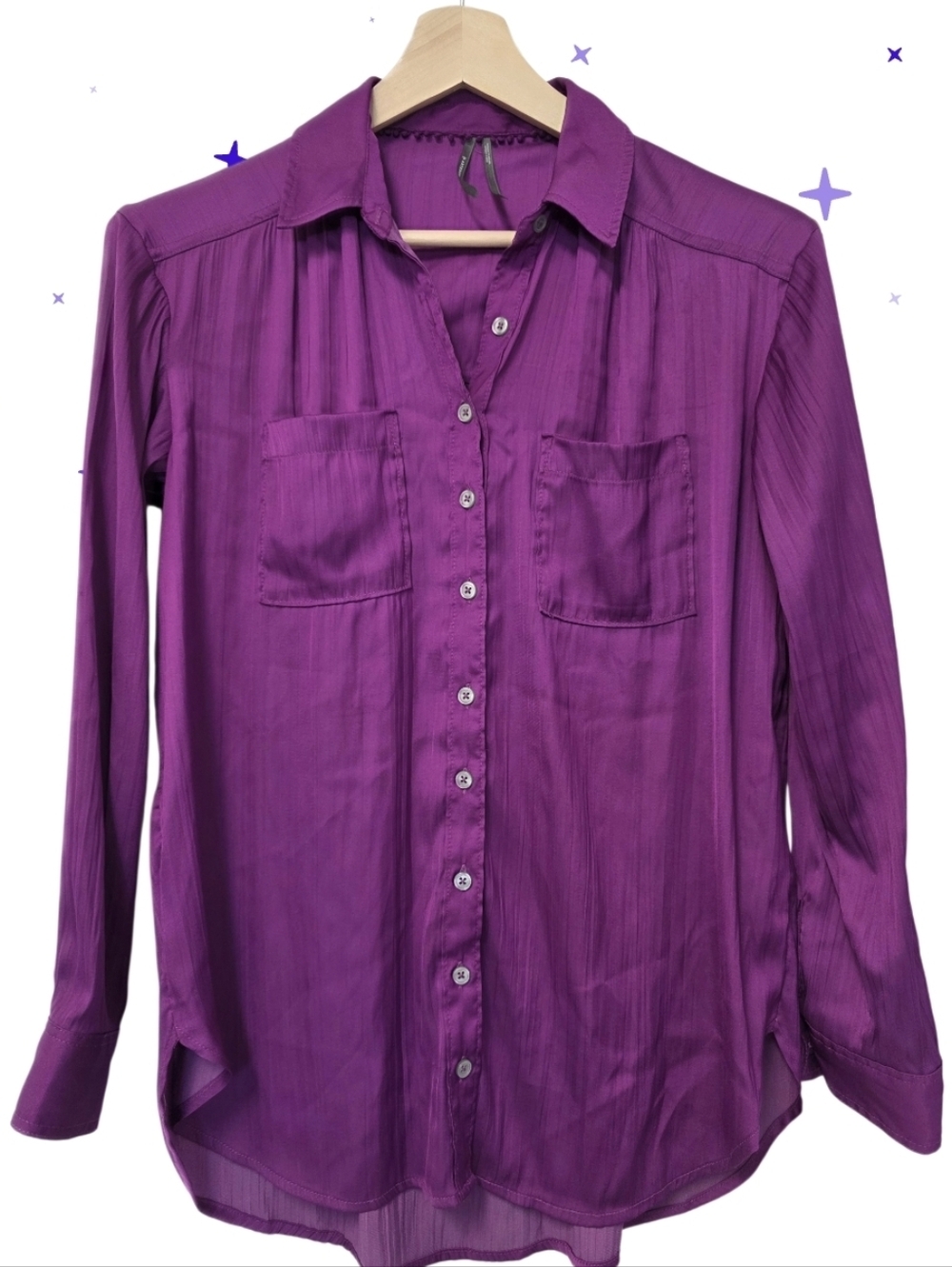 Anthropologie Womens Button Down Blouse Purple Size Xsmall Silk Like Loose Fit